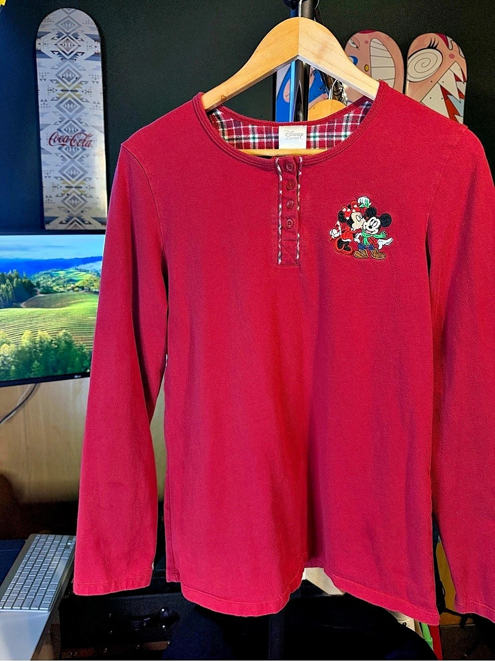Disney Store Mickey & Minnie embroidered henley in Red & Green Large